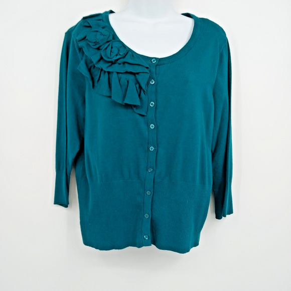 Elle Women's Turquoise XL Cardigan Ruffle Floral Button-Up Stretch Long Sleeve - Picture 1 of 11